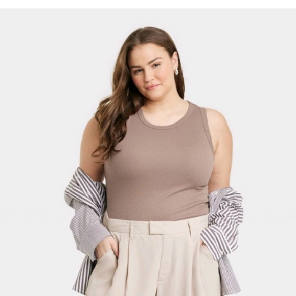 A New Day Slim Fit Ribbed High Neck Tank Top Brown Size Medium - Picture 2 of 3